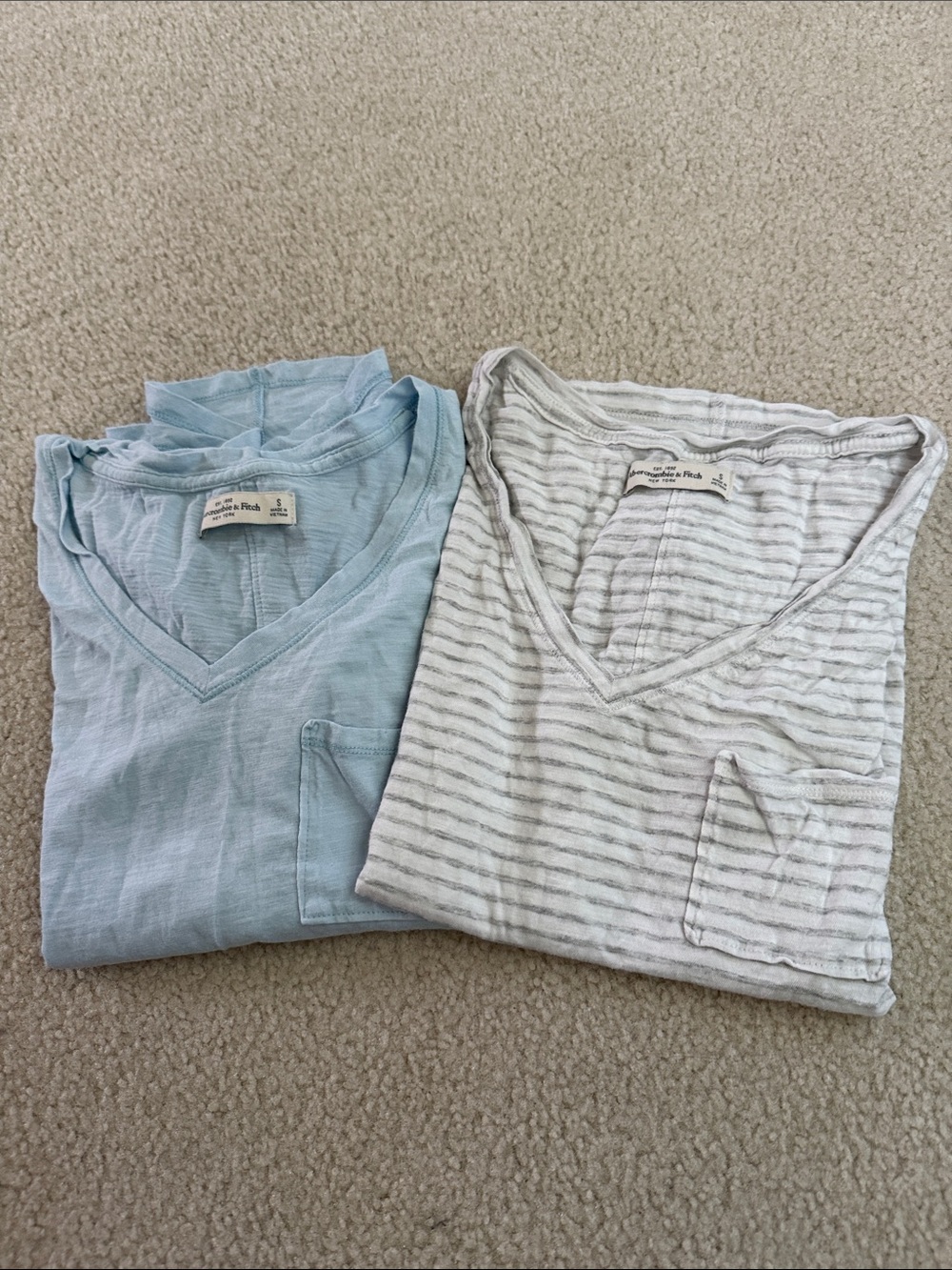 Abercrombie & Fitch Light Blue & White Striped V-Neck Pocket Tees